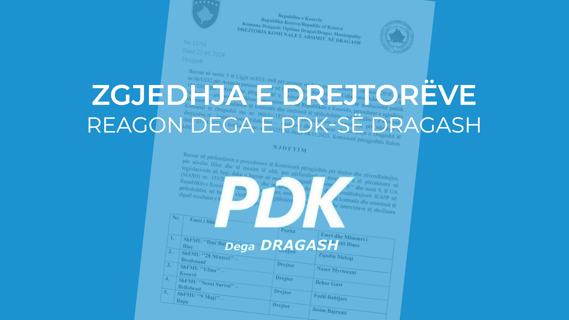 Dega e PDK së në Dragash reagon për zgjedhjen e drejtorëve në SHFMU